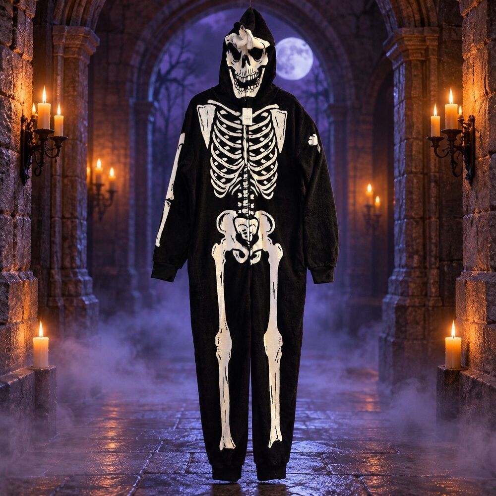 Mad Engine Skeleton Costume Adult Large Plush Hooded Jumpsuit Halloween NWT C168